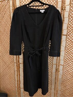 Black V-Neck Knee-Length Denim Dress with Tie Waist
